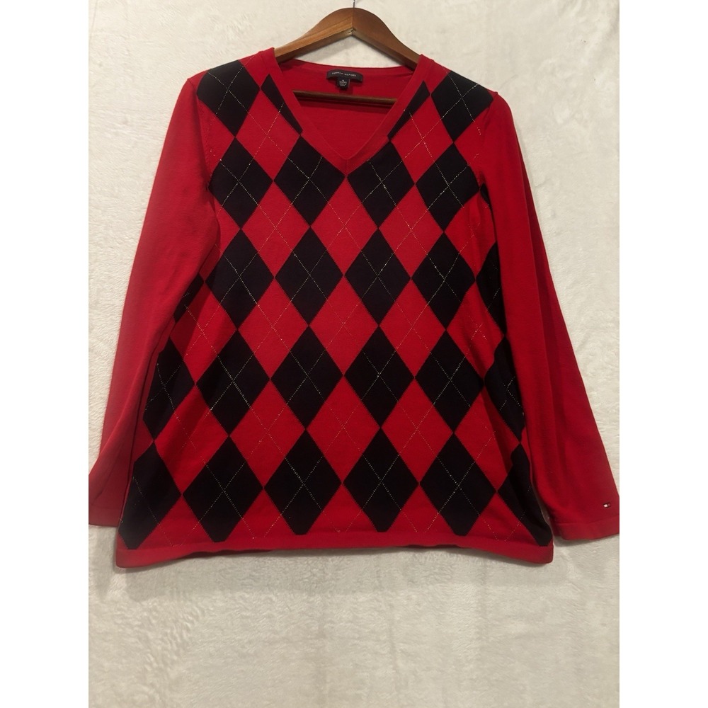 Tommy Hilfiger Women's XL Argyle Sweater Red‎ Y2K Preppy V Neck Long Sleeve